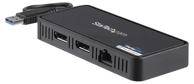 Produktbild von StarTech.com USB 3.0 Mini Dock - USB-A Dockingstation mit zwei Monitoren und DisplayPort 4K 60Hz Video- und Gigabit-Ethernet - 30 cm langes Kabel - Tragbarer USB 3.1 Gen 1 Typ A-Laptopadapter, Kabelgebunden, USB 3.2 Gen 1 (3.1 Gen 1) Type-A, 10,100,1000 Mbit/s, IEEE 802.3, IEEE 802.3ab, IEEE 802.3u, Schwarz, 5 Gbit/s