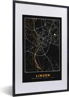 Produktbild von MuchoWow® Gerahmtes Poster Lingen - Stadtplan - Gold - Karte - Deutschland 40x60 cm - Poster mit Schwarzem Bilderrahmen Wandposter Rahmen Foto Bilder - Poster in Rahmen