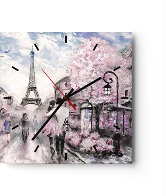 Produktbild von Wanduhr - Quadrat - Glasuhr - Paris Weg Illustration eiffle - 40x40cm - Schleichendes Uhrwerk - Lautlos - zum Aufhängen bereit - Dekoration Modern - Wanddekoration aus Glas - C3AC40x40-3149