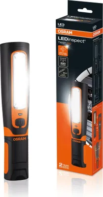 A product shot of an OSRAM LEDinspect TWIST 250 work light and its packaging.