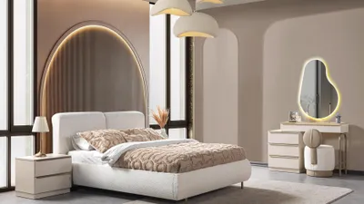Obrázek produktu pro Postel, 2 noční stolky, komoda, ložnice, styl: moderní, barva: bílá,