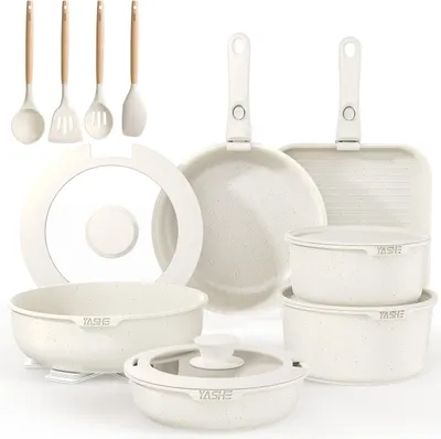 Image de YASHE Batterie de cuisine 21 pièces, Ensemble de casseroles et poêles antiadhésifs, Blanc