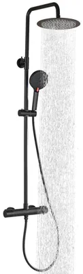 Zdjęcie produktu dla Zestaw prysznicowy termostatyczny, czarny, 25 cm. Deszczownica, 3 rodzaje strumienia, regulacja wysokości, stal nierdzewna, blokada temperatury 38°C, kompletny zestaw