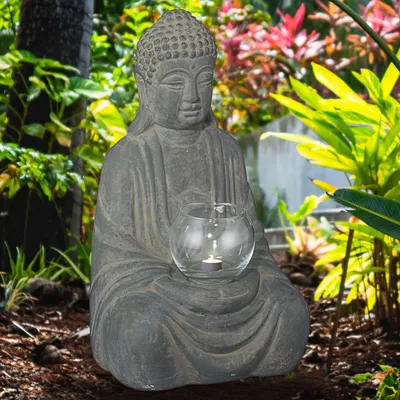 Produktbild von Buddha mit Windlicht sitzend grau H28cm Dekofigur Skulptur Statue Gartenfigur Feng Shui Teelichthalter