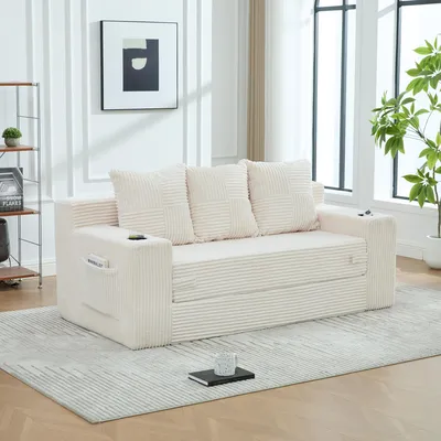 Produktbild von MODFU 3-Sitzer-Sofa Cord, Modulares Bodensofa, Relaxsofa mit Armlehnen und Getränkehaltern, großzügige Sitzfläche,Polstermöbel für Wohnzimmer,Beige