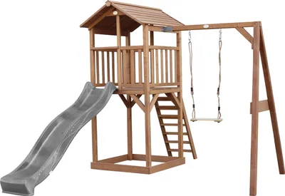 Produktbild von AXI Beach Tower Spielturm aus Holz in Braun | Spielhaus für Kinder mit grauer Rutsche, Schaukel und Sandkasten | Stelzenhaus für den Garten