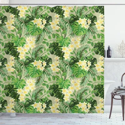 Immagine prodotto di ABAKUHAUS Tenda da doccia con motivi floreali, foglie di palma tropicale Monstera e fiori su sfondo monocromatico, 175 x 200 cm, verde lime e kaki