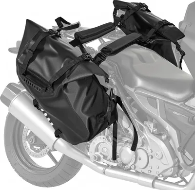 Obrázok produktu pre Brašne pod sedlo motocykla - Sada 2 bočných tašiek - Vodotesné - Objem 28 l (2x14 l) - So spodným upevňovacím popruhom - Čierna