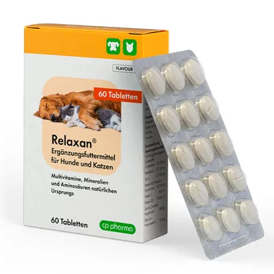 A box of Relaxan dietary supplements for dogs and cats, with a blister pack of tablets next to it.