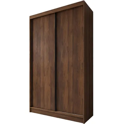 Image de BEAUTYSOFA Armoire MARIO II 120 cm, bois de noyer Warmia – Armoire coulissante avec 2 tiroirs, 2 portes coulissantes, étagères et penderie, sans miroir