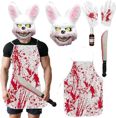 Productafbeelding van Carnavalskostuum - Horror - Hazenmasker - Halloween - Slagerkostuum - Bloody Bunny - Masker - Schort - Handschoenen