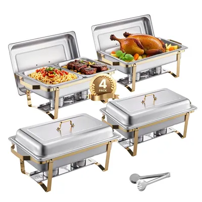 Obrázek produktu pro Sada čtyř nerezových chafing dish (ohřívacích nádob) SucceBuy, objem 8 litrů, vhodná pro bufet