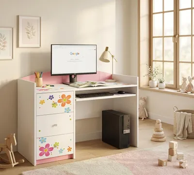 Produktbild von Rosa Kinderschreibtisch mit Schublade und Schrankfach, Schülerschreibtisch Hausaufgabentisch für Mädchen, Computertisch mit Motiv