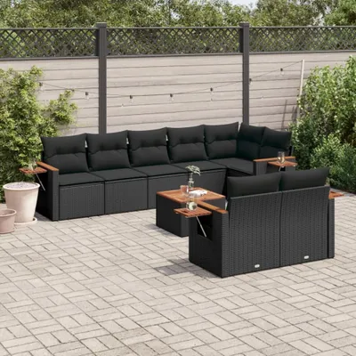 Produktbild von Design 9-tlg. Garten-Sofagarnitur mit Kissen Schwarz Poly Rattan, Gartenmöbel-Sets 2024 Neu