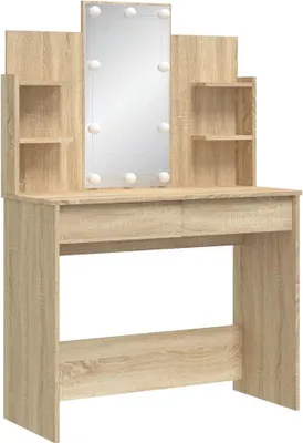 A vanity table with a mirror and shelves.