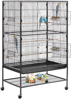 Immagine prodotto di Gabbia per uccelli - Voliera in ferro battuto - 80 x 52 x 132 cm - Con posatoi e ciotole per l'alimentazione - Vassoio inferiore rimovibile - Su rotelle - Per pappagalli, cocorite e canarini