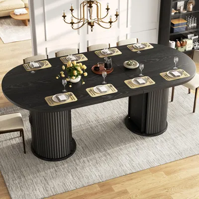 Immagine prodotto di MODFU Tavolo da pranzo allungabile, 149,8-189,7 cm, tavolo da cucina multifunzionale con spazio contenitivo e vano portaoggetti su gambe in metallo, colore nero