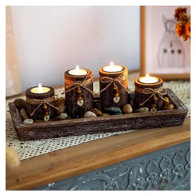 Produktbild von Kerzenhalter Adventskranz Holz Herbst Dekoration: Set mit Tablett für Tischdeko und Boho Kerzenhalter
