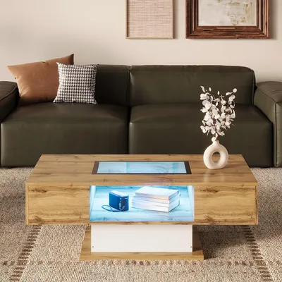 Image de Table basse - Table de salon - Table d'appoint - Table - Table de rangement - Plateau en verre - Deux tiroirs - Bois MDF
