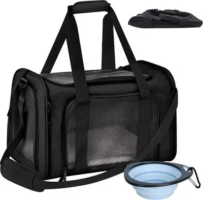 Produktbild von Famanu Transportbox für Hunde und Katzen - Faltbar, mit Hundenapf - 42 x 27 x 28 cm - Schwarz