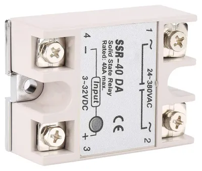Immagine prodotto di Relè a semiconduttore monofase SSR-40DA, 40A. Ingresso: 3-32V DC. Uscita: 24-380V AC