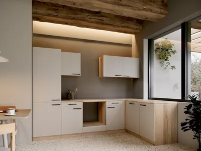 Produktbild von Respekta Winkelküche Leerblock Küchenzeile Merle 280 x 172 cm – Kaschmir / Eiche Sägerau Nachbildung