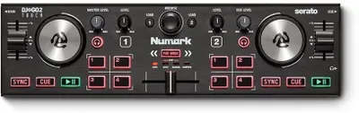 A top-down view of a Numark DJ controller.