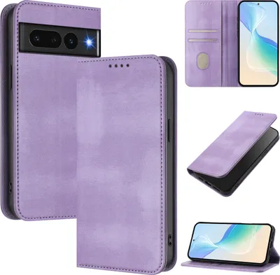 Obrázek produktu pro Pouzdro pro Google Pixel 7 Pro, vintage kožené pouzdro s RFID ochranou, přihrádkami na karty, stojánkem Fialový