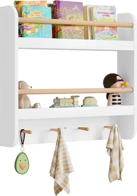 Produktbild von Unyqoos® Kinder-Wandregal – weißes Wandregal mit 2 Ablagen & 4 Haken, Bücher‑ und Spielzeugregal, 60 x 55 x 12 cm, Holz/MDF, für Kinderzimmer