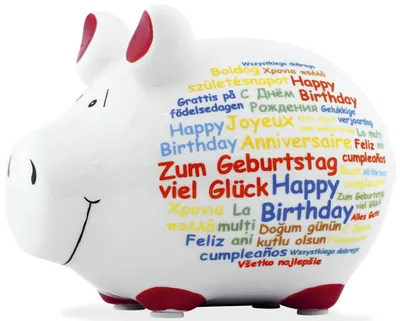 Produktbild von KCG 101595 Spardose Schwein "Happy Birthday" international - Keramik, klein