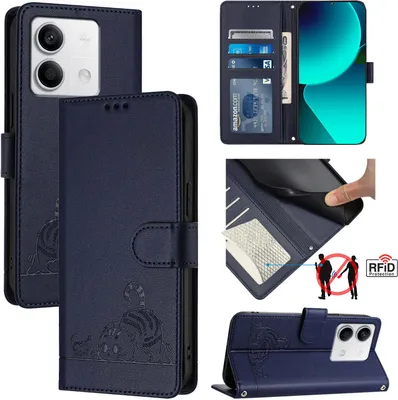Produktbild von Leder Hülle für Xiaomi Redmi Note 13 5G Süße Katze Flip Case Brieftasche Schutzhülle mit Standfunktion Blau