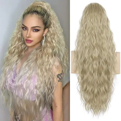 Zdjęcie produktu dla Długi pasmo włosów "koński ogon", 75 cm, falujące loki, przedłużanie włosów, kolor popielaty blond, z klipsami, do włosów, dla kobiet