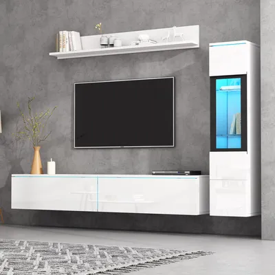 Image de Sweiko TV Meuble-paroi Set 3 pièces éclairage LED blanc brillant Set de meubles de salon Frontale Meuble-paroi blanc 1 x armoire TV, 1 x vitrine de salon, 1 x étagère suspendue