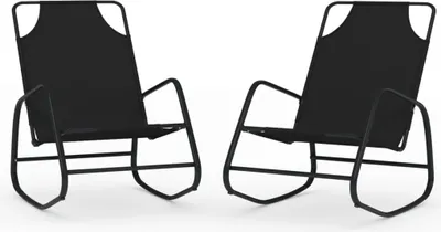 Two black rocking chairs are shown against a white background.