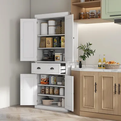 Produktbild von Küchenschrank Buffet modern, Highboard Vorratsschrank aus Holzwerkstoff mit 4 Türen & 1 Schublade, Geschirrschrank für Küche & Esszimmer, Weiß, 76,2 x 40,2 x 183 cm
