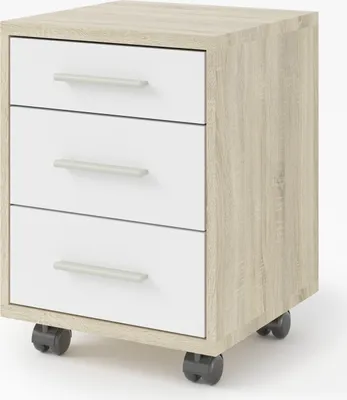 A white and wood-grain rolling storage cabinet with three drawers, shown against a white background.