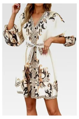Produktbild von Damen Tunika Kleid Midikleid mit Blumendruck V-Ausschnitt Lässiges Sommerkleid Paisley Strandkleid 3/4 Ärmel Rüschen A-Linie Freizeitkleider Boho Blumenkleid mit Gürtel