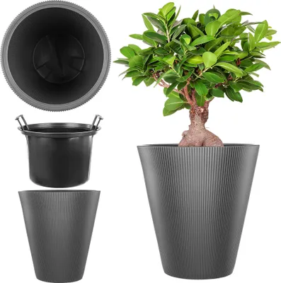Produktbild von KADAX Pflanzkübel Ø 29,5 x H 32.5 cm, moderner Blumenkübel mit Innentopf & geriffeltes Design, großer Pflanzentopf aus Kunststoff (Anthrazit)