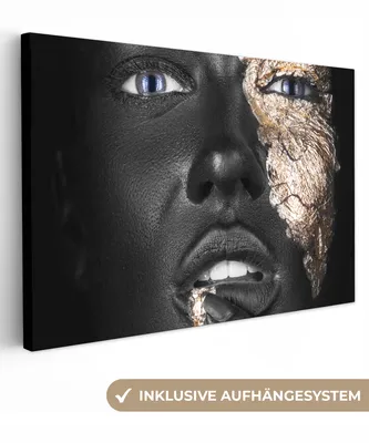 Zdjęcie produktu dla MuchoWow® - Obraz na płótnie - Kobieta - Złoty liść - Czarny - Skóra -  fototapeta ścienna, dekoracja ścienna obrazy salon, 120x80cm