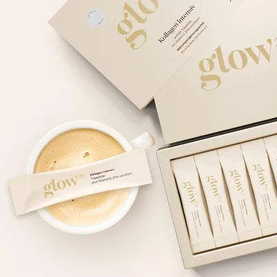 Produktbild von Glow25® Kollagen Intensiv [30 Sticks] – mit Tripeptiden, Vitamin C, Zink und Biotin – Premium Collagen Hydrolysat – Peptide Typ 1 und 3