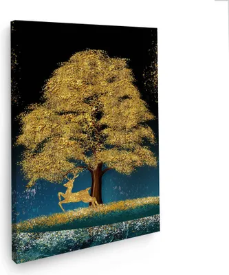 Produktbild von Wandbild Leinwandbild Baum mit Hirsch in Gold Kunstdruck XXL Wanddeko: 80x120x4cm