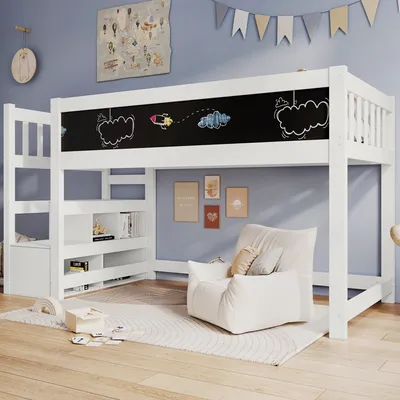 Produktbild von STILVORA Hochbett 90x200 mit Tafel&Ablagefach,Kinderbett mit Stauraumtreppe&Rausfallschutz,Holzbett mit Lattenrost,Weiß(ohne Matratze)