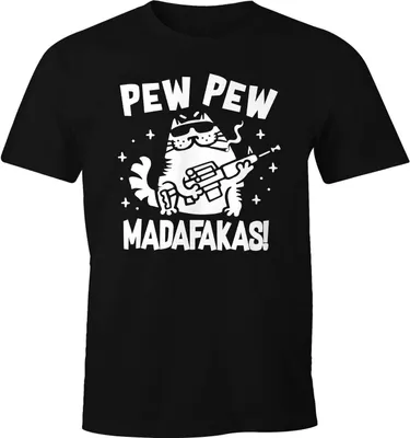 Produktbild von Herren T-Shirt Pew Pew Madafakas! Verrückte Katze Crazy Cat Comic Stil Fun-Shirt Spruch lustig Moonworks® schwarz XXL