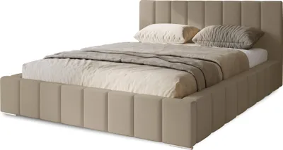 Produktbild von Polsterbett Menos 200x200 cm, Bett mit Kopfteil, Matratze, Doppelbett mit Bettkasten und Lattenrost aus Holz, Velourstoff:  Hellbraun