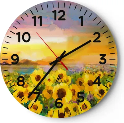 Produktbild von Wanduhr - Rund - Glasuhr - Sonnenblumen Blume - 40x40cm - Schleichendes Uhrwerk - Lautlos - zum Aufhängen bereit - Dekoration Modern - Wanddekoration aus Glas - C4AR40x40-3775