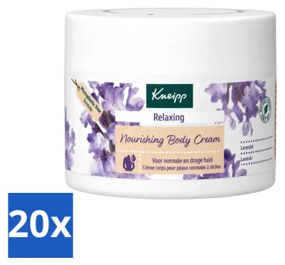 Immagine prodotto di 20 confezioni di crema corpo Kneipp, rilassante alla lavanda, da 200 ml ciascuna. Confezione