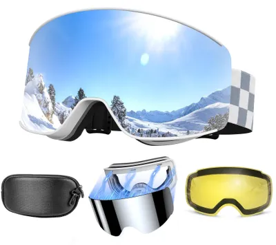 Produktbild von Skibrille mit 2 austauschbaren Gläsern – Antibeschlagbeschichtung – UV-Schutz – Tragetasche – Schutzhülle – Ideal zum Skifahren/Snowboarden – Snowboardbrille