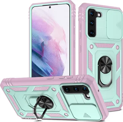 Image de Etui pour Samsung Galaxy S21 5G avec protection de l'appareil photo coulissant, résistant aux chocs, avec porte-anneau, support et porte-cartes Rose Vert