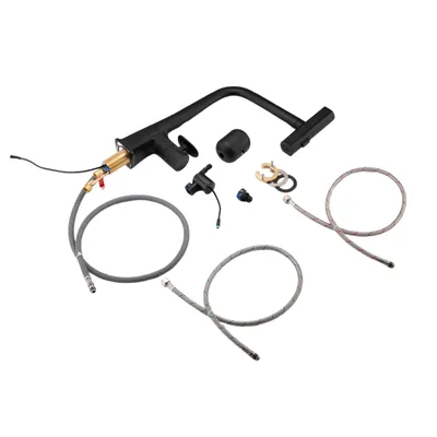 A black kitchen faucet and its components are laid out on a white background.