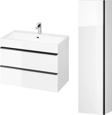 Produktbild von BADLAND Badmöbel Set VIRGO 80 Waschbecken-Unterschrank, Hochschrank 160x40x30, Türen mit Spiegel, Weiß, Schwarz Möbelgriffe